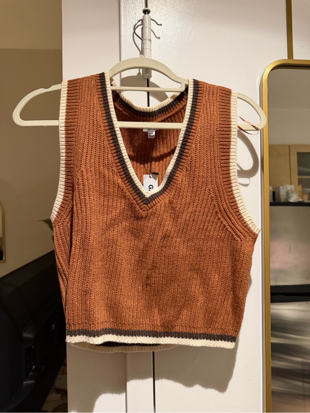 Brown Knit V-Neck Sweater Vest with Contrast Trim